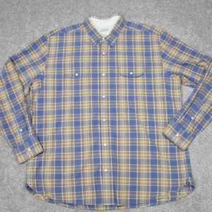 Lucky Brand Shirt Mens XL Blue/Yellow Plaid Cotton Pockets Long Sleeve Button Up